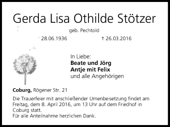 Anzeige von Gerda Lisa Othilde Stötzer von MGO