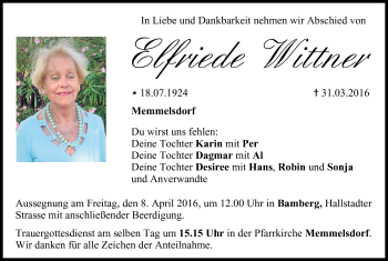 Anzeige von Elfriede Wittner von MGO