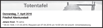 Anzeige von Totentafel vom 07.04.2016 von MGO