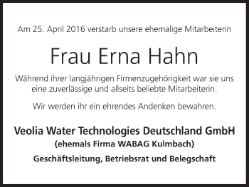 Anzeige von Erna Hahn von MGO