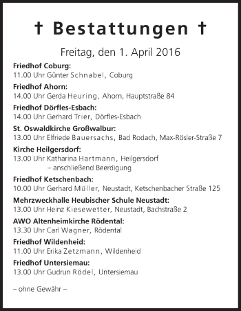 Anzeige von Bestattungen vom 01.04.2016 von MGO