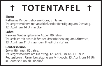 Anzeige von Totentafel vom 12.04.2016 von MGO