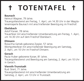 Anzeige von Totentafel vom 01.04.2016 von MGO