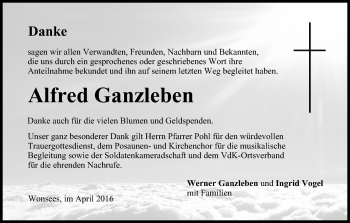Anzeige von Alfred Ganzleben von MGO