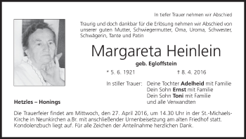 Anzeige von Margareta Heinlein von MGO