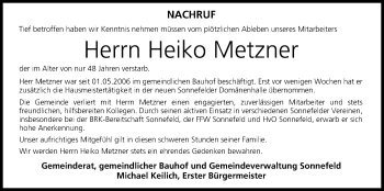 Anzeige von Heiko Metzner von MGO