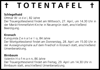 Anzeige von Totentafel vom 27.04.2016 von MGO