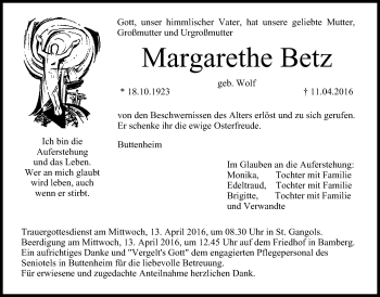 Anzeige von Margarethe Betz von MGO