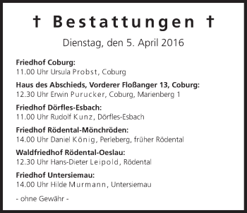 Anzeige von Bestattungen vom 05.04.2016 von MGO