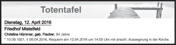 Anzeige von Totentafel vom 12.04.2016 von MGO