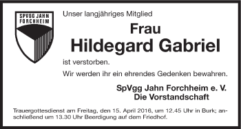 Anzeige von Hildegard Gabriel von MGO