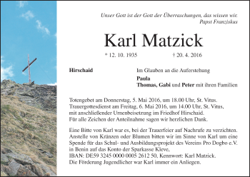 Anzeige von Karl Matzick von MGO