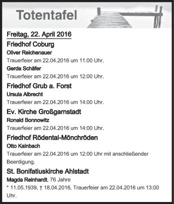 Anzeige von Totentafel vom 22.04.2016 von MGO