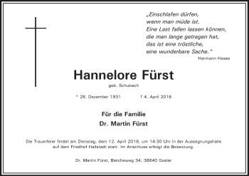 Anzeige von Hannelore Fürst von MGO