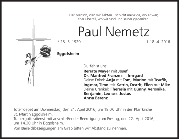 Anzeige von Paul Nemetz von MGO