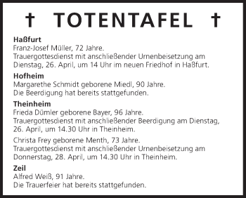 Anzeige von Totentafel vom 26.04.2016 von MGO