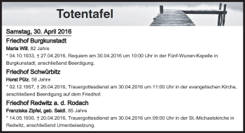 Anzeige von Totentafel vom 30.04.2016 von MGO