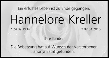 Anzeige von Hannelore Kreller von MGO
