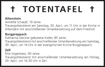 Anzeige von Totentafel vom 29.04.2016 von MGO