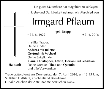 Anzeige von Irmgard Pflaum von MGO