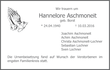 Anzeige von Hannelore Aschmoneit von MGO