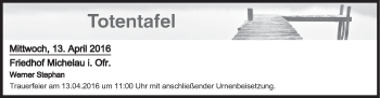 Anzeige von Totentafel vom 13.04.2016 von MGO