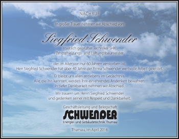 Anzeige von Siegfried Schwender von MGO