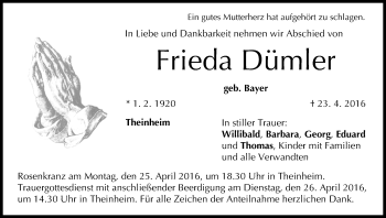 Anzeige von Frieda Dümler von MGO