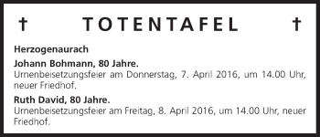 Anzeige von Totentafel vom 05.04.2016 von MGO