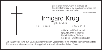 Anzeige von Irmgard Krug von MGO