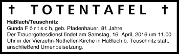 Anzeige von Totentafel vom 15.04.2016 von MGO