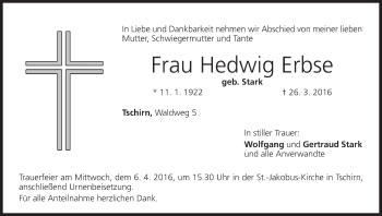 Anzeige von Hedwig Erbse von MGO