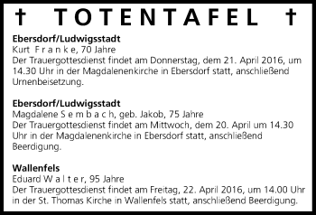 Anzeige von Totentafel vom 20.04.2016 von MGO