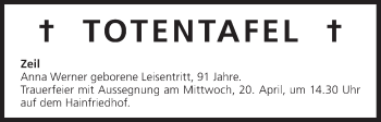 Anzeige von Totentafel vom 19.04.2016 von MGO