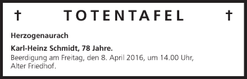 Anzeige von Totentafel vom 07.04.2016 von MGO