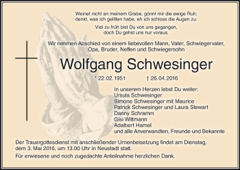 Anzeige von Wolfgang Schwesinger von MGO