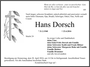 Anzeige von Hans Dorsch von MGO