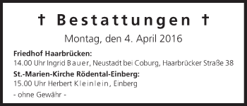 Anzeige von Bestattungen vom 04.04.2016 von MGO