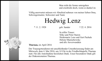 Anzeige von Hedwig Lenz von MGO