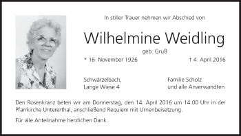 Anzeige von Wilhelmine Weidling von MGO