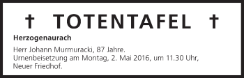 Anzeige von Totentafel vom 30.04.2016 von MGO