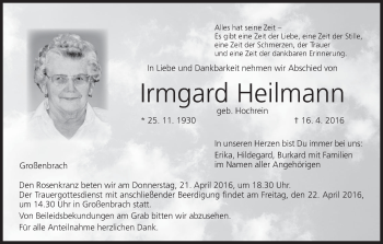 Anzeige von Irmgard Heilmann von MGO