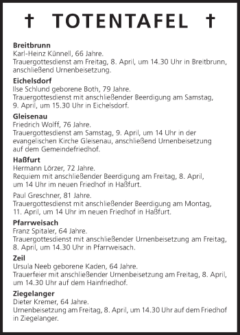 Anzeige von Totentafel vom 08.04.2016 von MGO