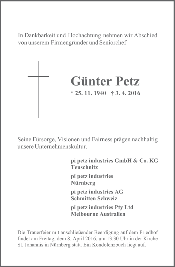 Anzeige von Günter Petz von MGO