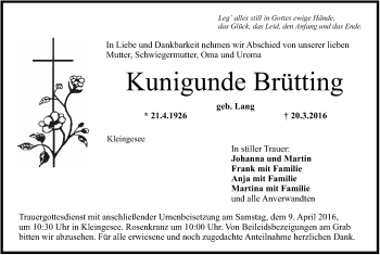 Anzeige von Kunigunde Brütting von MGO