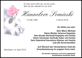 Anzeige von Hannelore Somieski von MGO