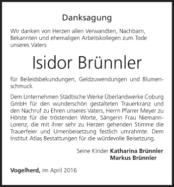 Anzeige von Isidor Brünnler von MGO