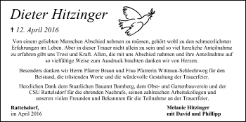 Anzeige von Dieter Hitzinger von MGO
