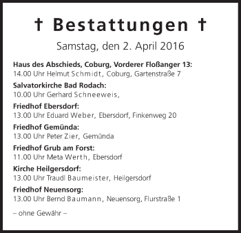 Anzeige von Bestattungen vom 02.04.2016 von MGO