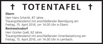 Anzeige von Totentafel vom 14.04.2016 von MGO